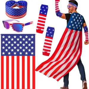 American Flag Costume Set ?C 4 PCS Patriotic 4th of July Outfit with USA Cape, Headband, Blue Lens Sunglasses & Sleeve