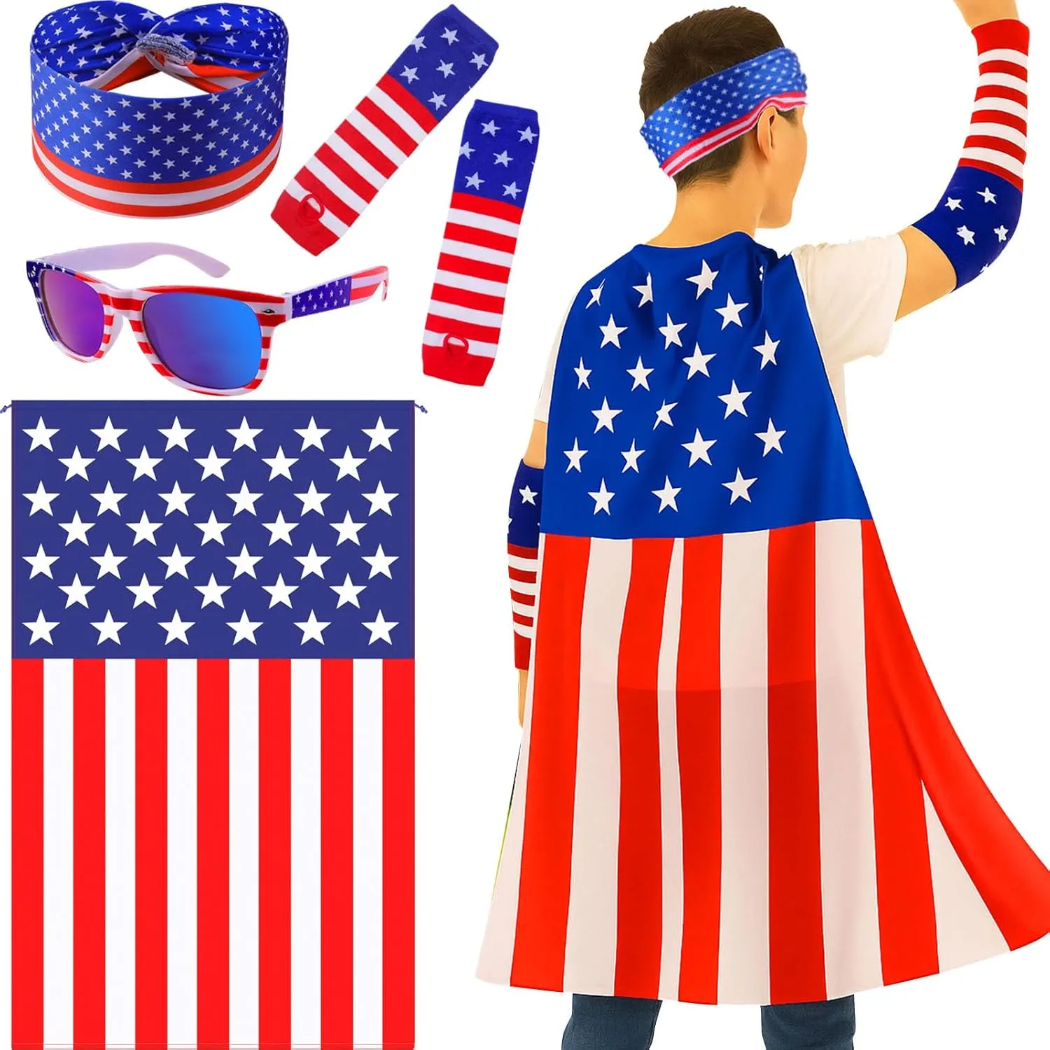 American Flag Costume Set ?C 4 PCS Patriotic 4th of July Outfit with USA Cape, Headband, Blue Lens Sunglasses & Sleeve