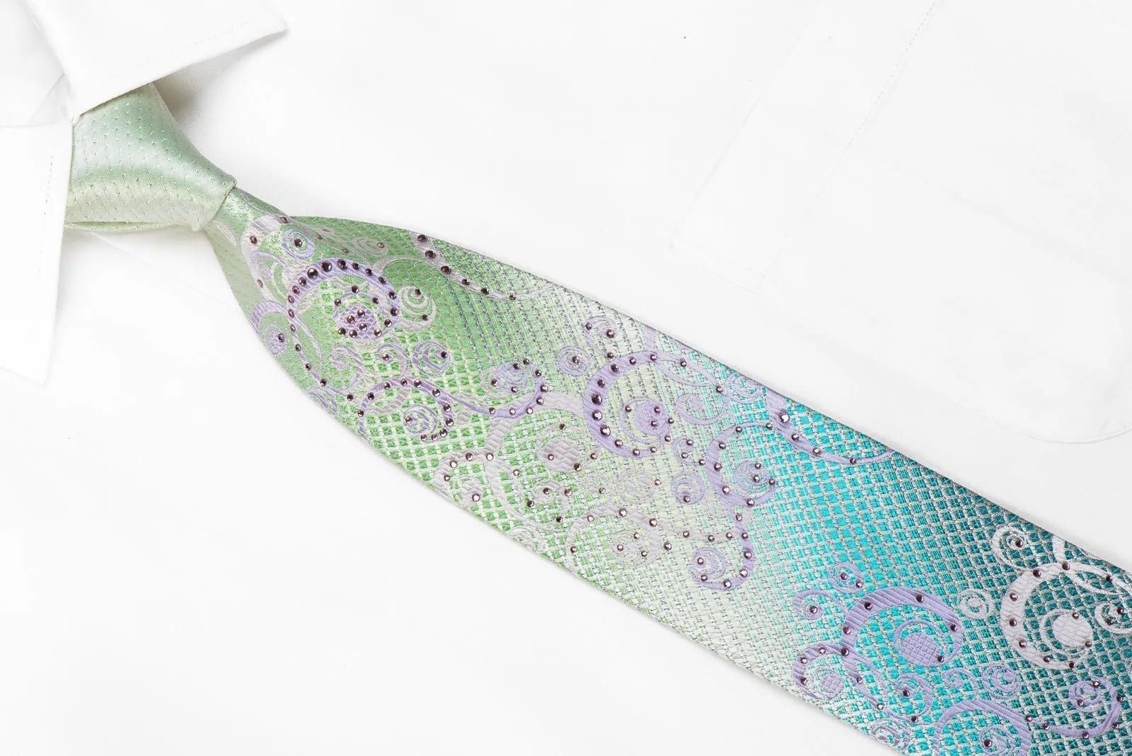 Avalon Men's Crystal Rhinestone Silk Tie Silver Scrolls On Turquoise Green With Silver Sparkles