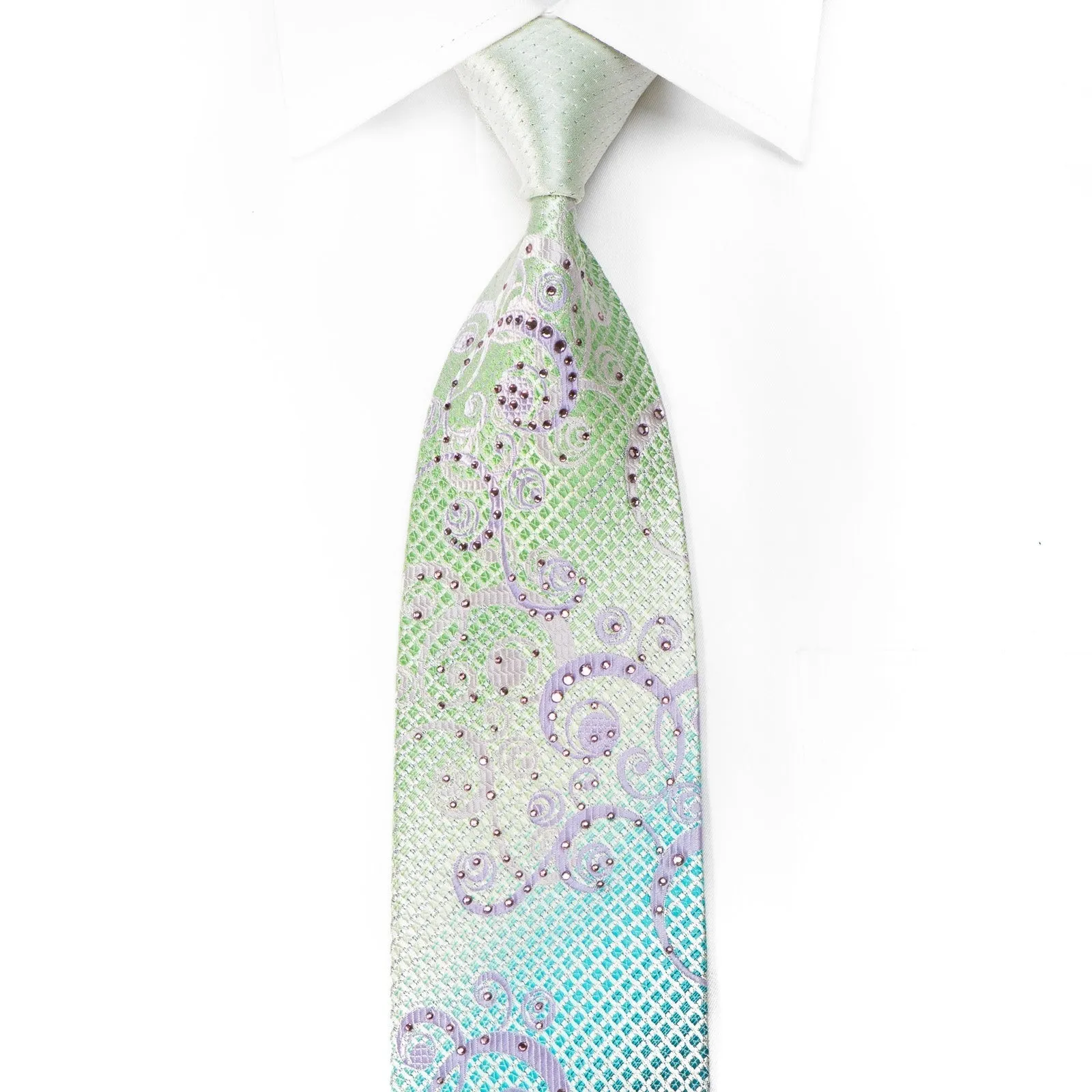 Avalon Men's Crystal Rhinestone Silk Tie Silver Scrolls On Turquoise Green With Silver Sparkles