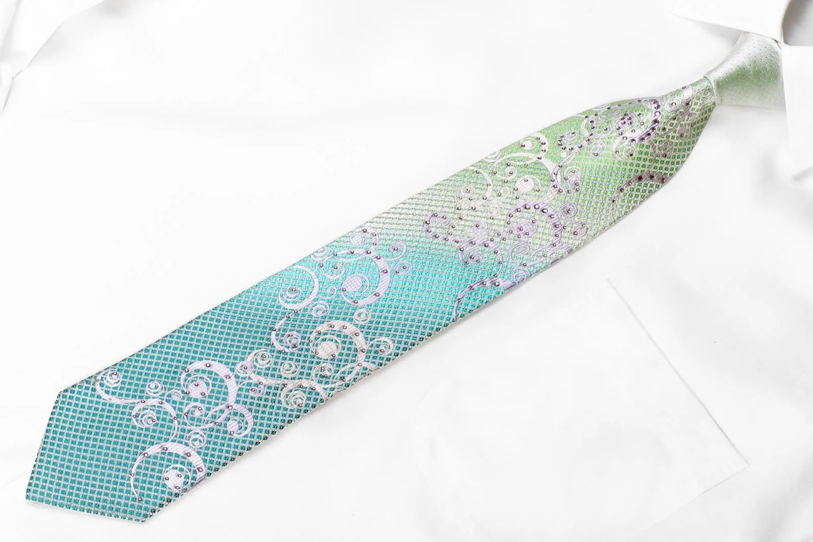 Avalon Men's Crystal Rhinestone Silk Tie Silver Scrolls On Turquoise Green With Silver Sparkles