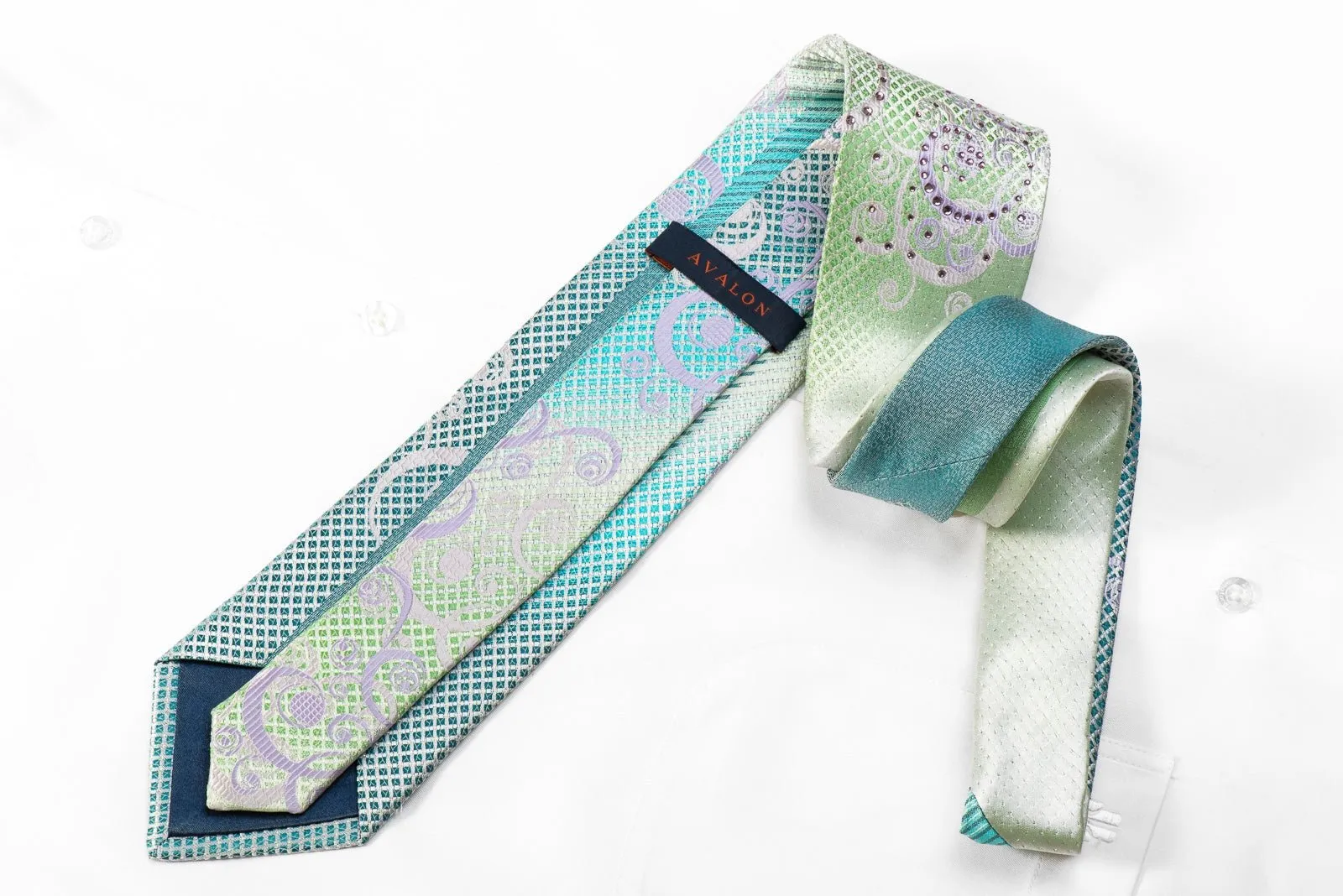 Avalon Men's Crystal Rhinestone Silk Tie Silver Scrolls On Turquoise Green With Silver Sparkles