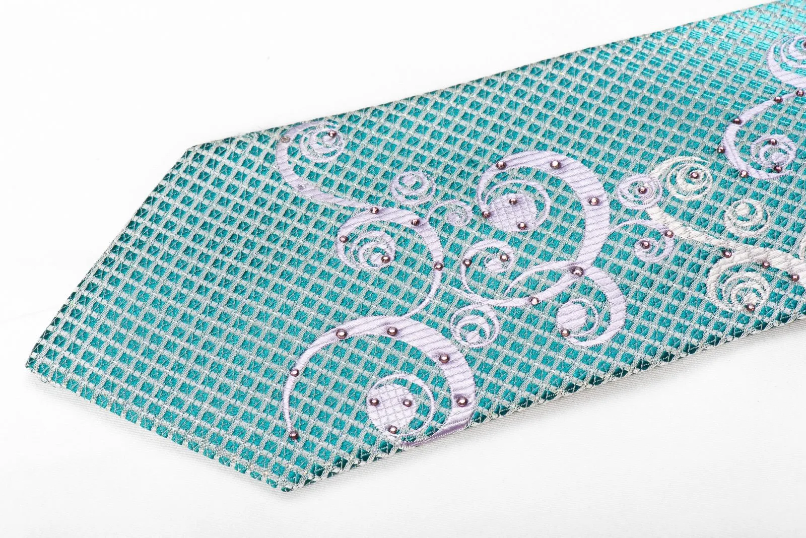 Avalon Men's Crystal Rhinestone Silk Tie Silver Scrolls On Turquoise Green With Silver Sparkles