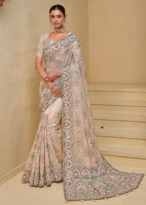 Cream Banarasi Silk Embroidered Designer Saree
