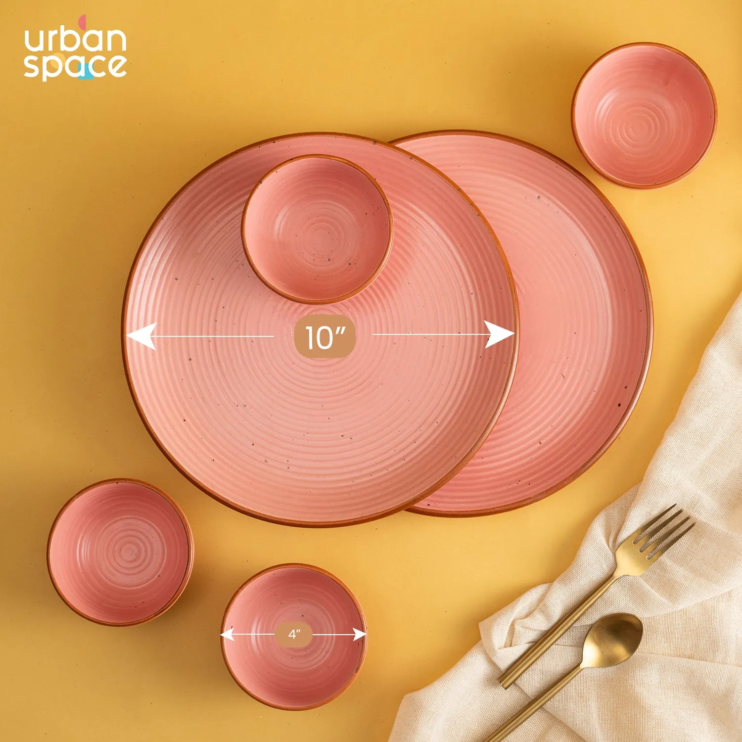 Handmade Ceramic Dinner Set for 2, set of 2 Dinner plates and 4 katoris, Set of 6, Warm Pink