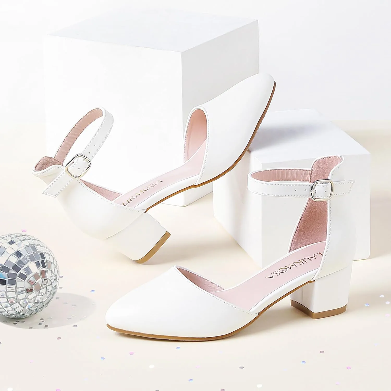 Little Girls Sandals Closed Toe High Heels Formal Dress Shoes Ankle Strap Pointed Toe Heeled for Little Big Kids in Wedding Party Block Chunky Pump Shoes