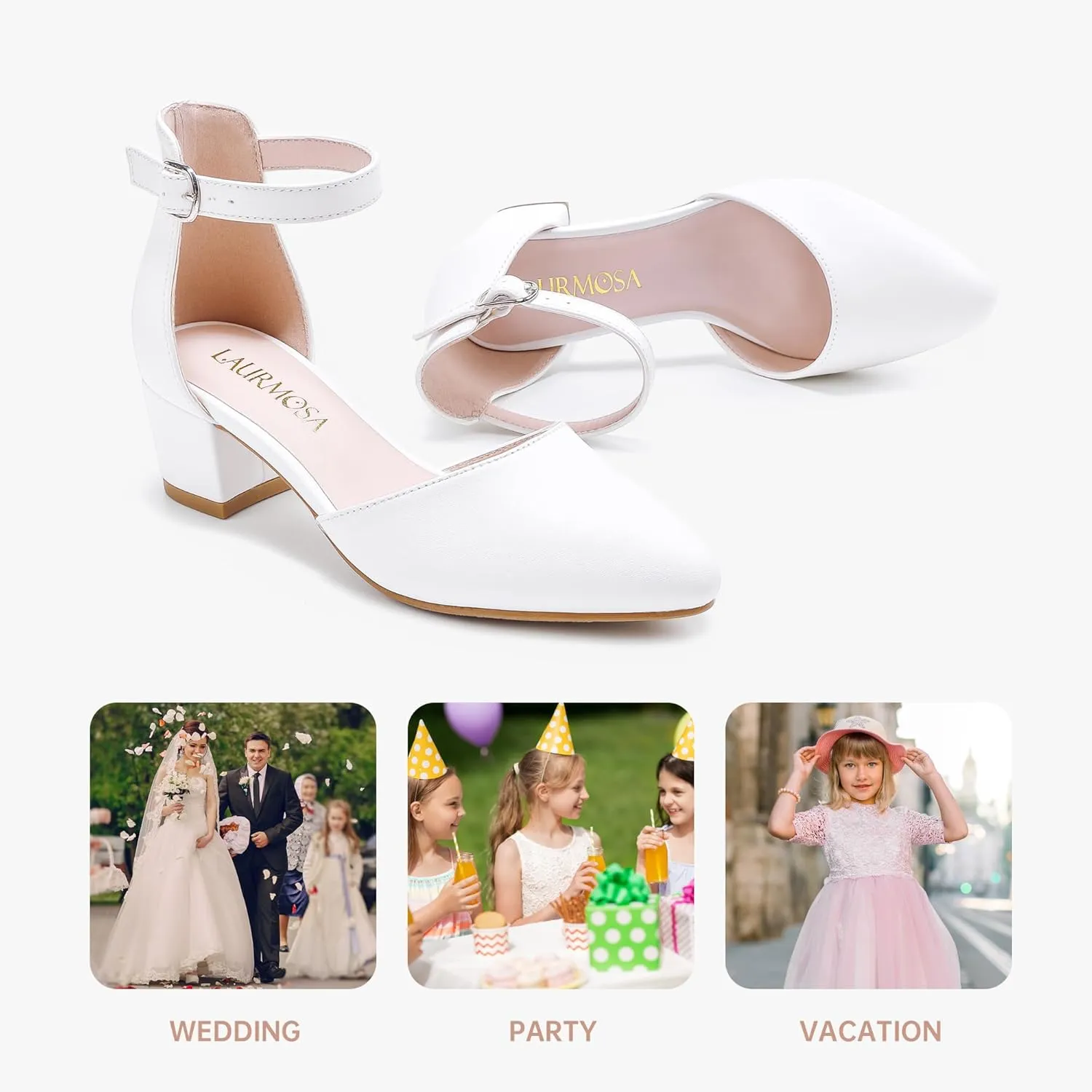 Little Girls Sandals Closed Toe High Heels Formal Dress Shoes Ankle Strap Pointed Toe Heeled for Little Big Kids in Wedding Party Block Chunky Pump Shoes