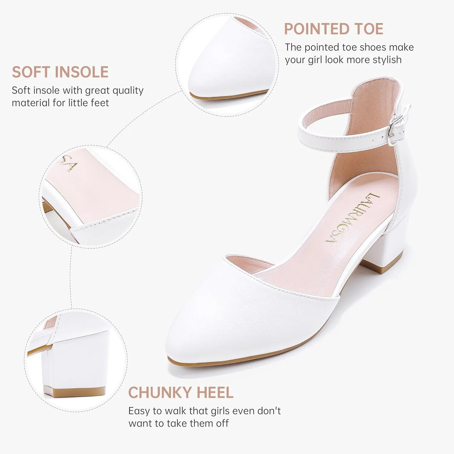 Little Girls Sandals Closed Toe High Heels Formal Dress Shoes Ankle Strap Pointed Toe Heeled for Little Big Kids in Wedding Party Block Chunky Pump Shoes