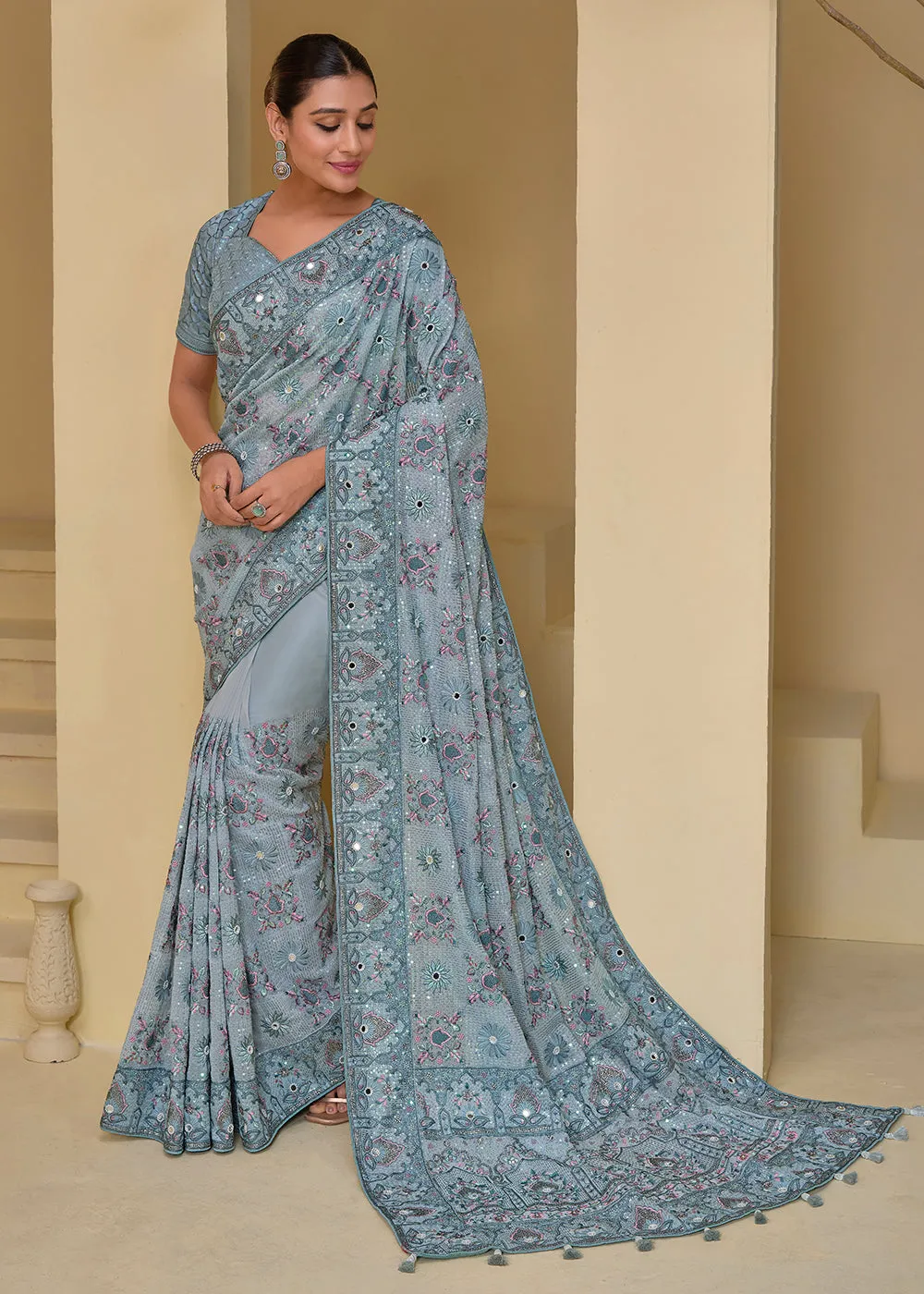 Livid Grey Banarasi Silk Embroidered Designer Saree