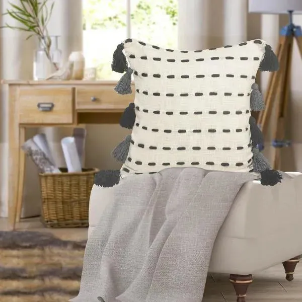 Tasseled Black and Cream Modern ��LR07463 Throw Pillow