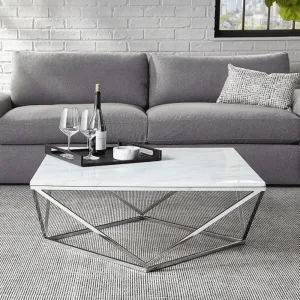 Wooden Twist Modern Contemporary Marble Top Coffee Table Stainless Steel Base Polished Chrome Finish for Elegant Living Room