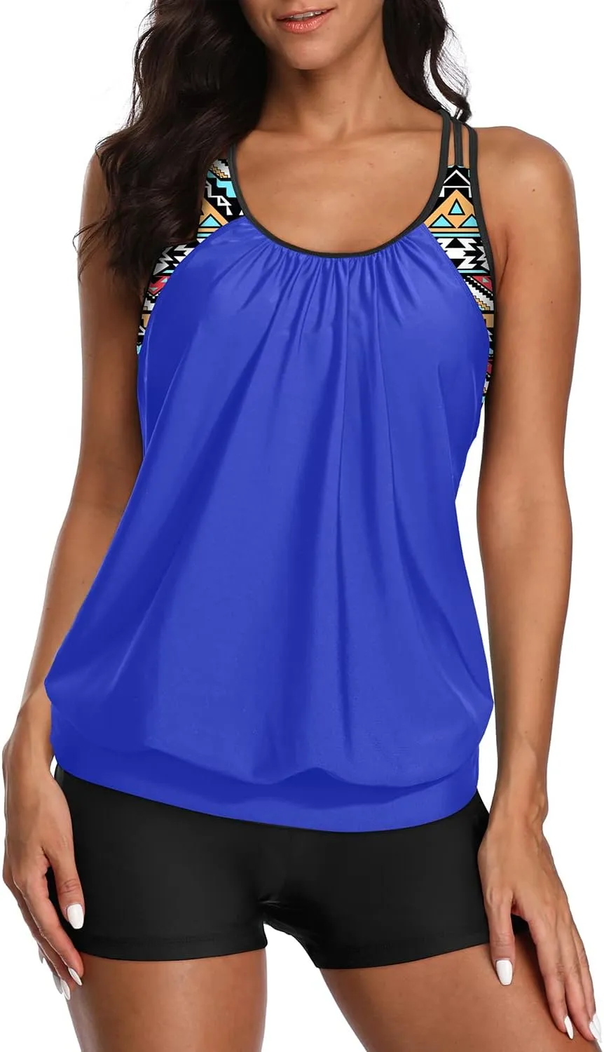 Yonique Two Piece Tankini Bathing Suits T-Back Blouson Swim Tops with Boy Shorts Women Swimsuits Sporty Swimwear